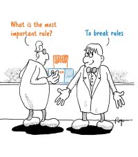 The illustration shows a cartoon about innovation. Two men are talking. One asks: What is the most important rule in innovation? The other answers: Break rules.