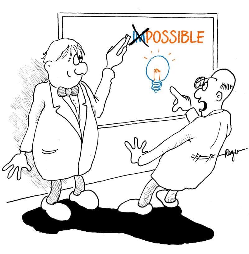 The illustration shows a cartoon about innovation. A man deletes the letters Im from the word Impossible, so that the word Possible is created.